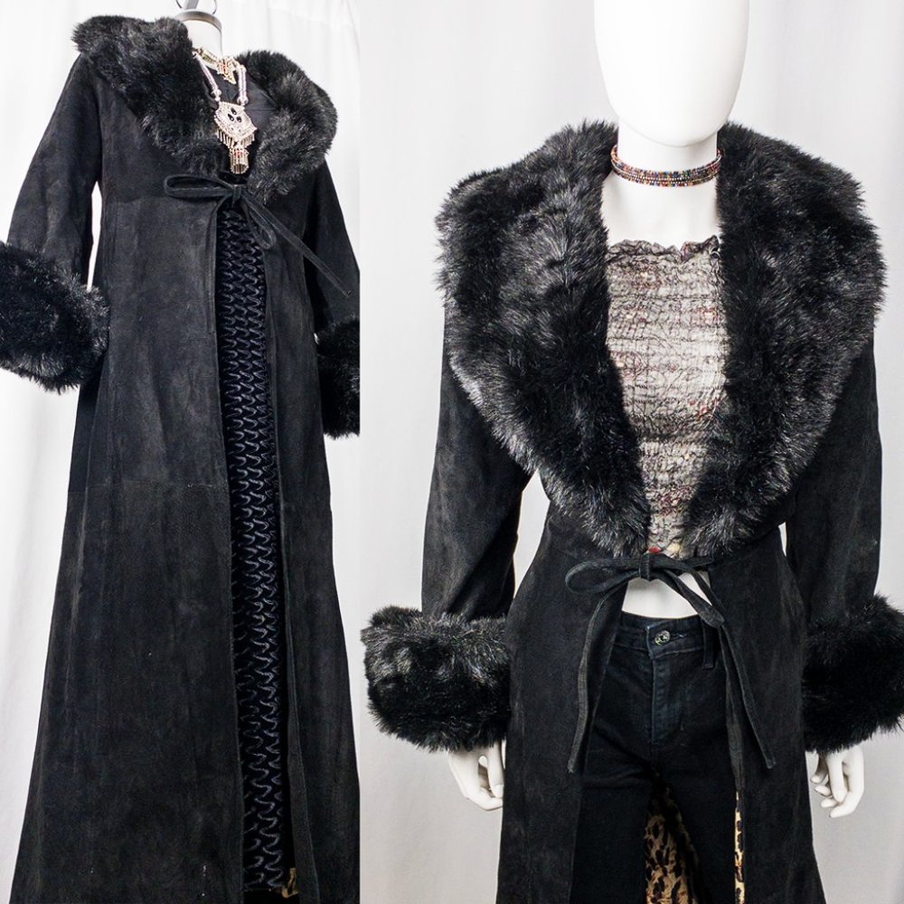 Vintage 90s maxi coat suede leather duster jacket fur goth glam